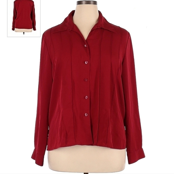 Vintage Kathy Che Red Button Up Collared Pleated Shirt Blouse Womens Size 16 EUC - Picture 1 of 8